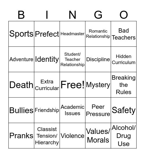 School Novel Conventions Bingo Card