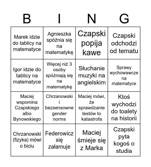 Poniedziałek Federowicz Bingo Card