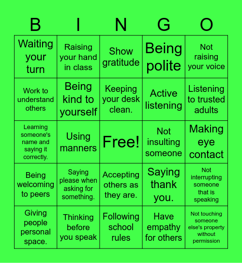 Respect Bingo Card