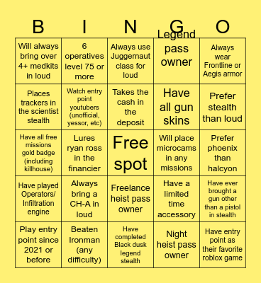 Entry point bingo Card