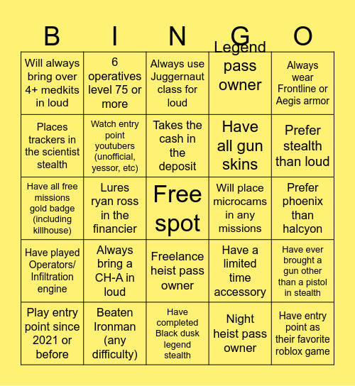 Entry point bingo Card