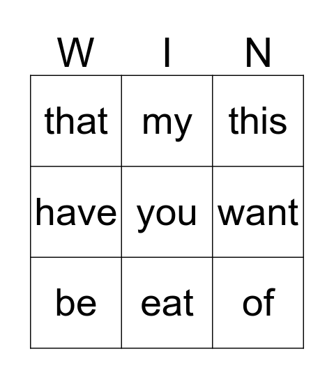 Hunter's Power Words Bingo Card