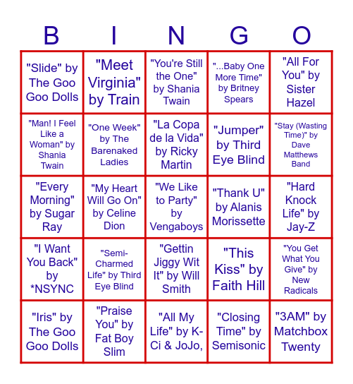 1998 Music Top Hits! Bingo Card