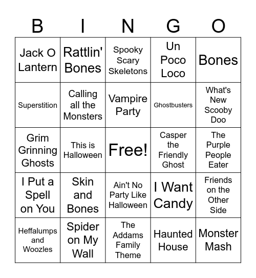 Halloween Music Bingo Card