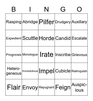 Vocabulary Unit 9 Bingo Card