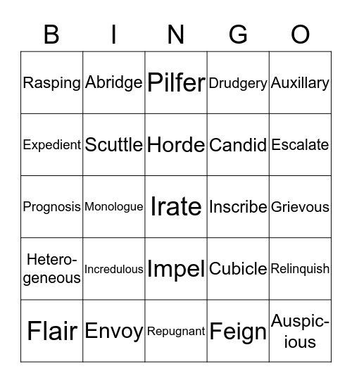 Vocabulary Unit 9 Bingo Card