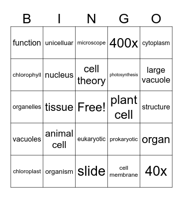 Cells & Organelles Bingo Card