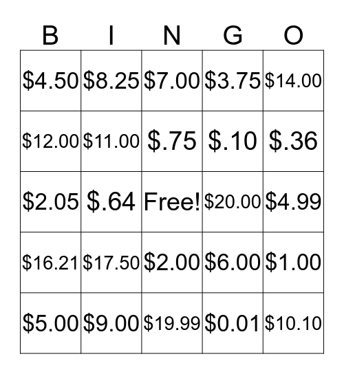 Money Bingo Card