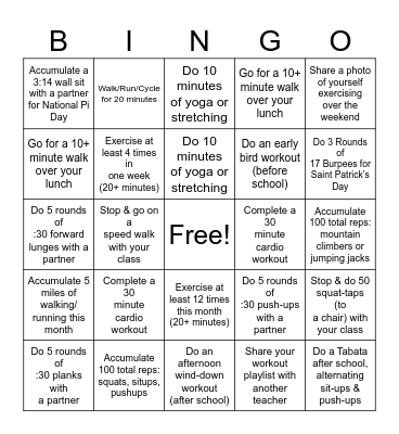 Fitness Bingo Card