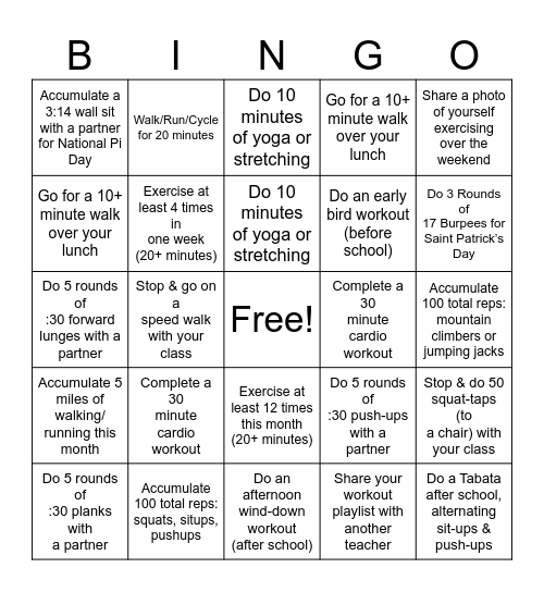 Fitness Bingo Card