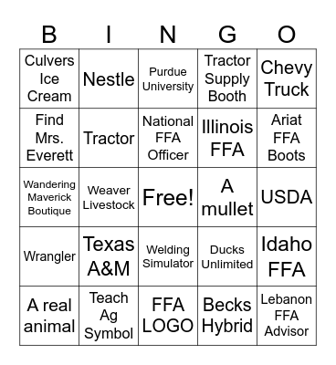 National FFA Bingo Sheet Bingo Card