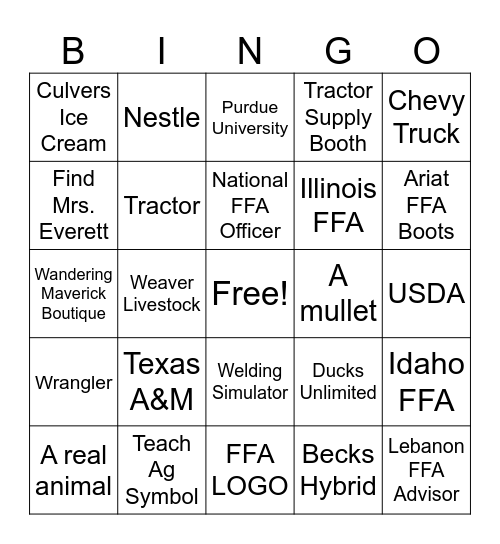 National FFA Bingo Sheet Bingo Card