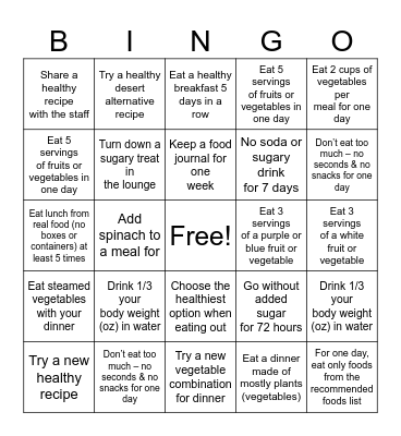 Nutrition Bingo Card