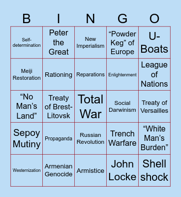 World War I Bingo Card