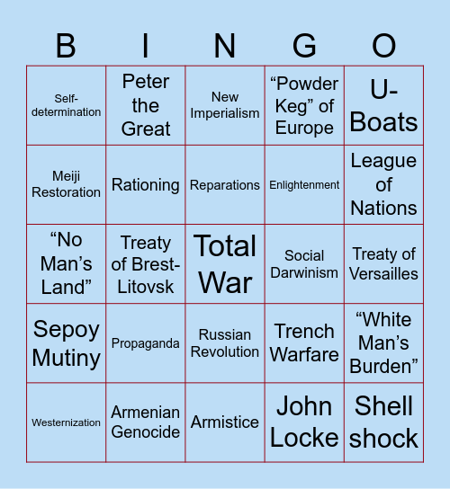 World War I Bingo Card