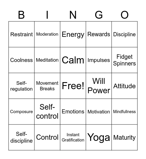 Self-Control Bingo Card