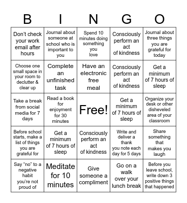 Well-Being Bingo Card