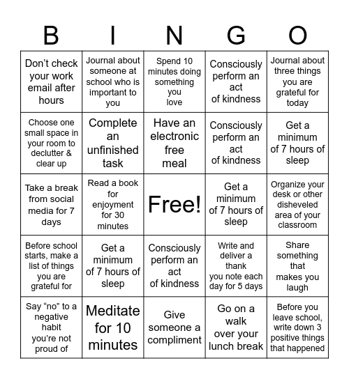 Well-Being Bingo Card
