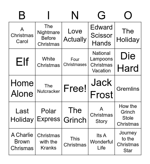 Christmas Movie Edition Bingo Card