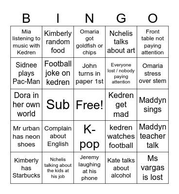 2nd period Bingo Card