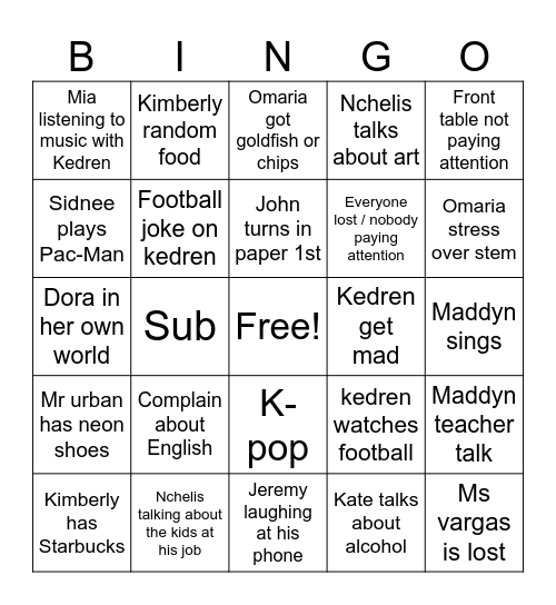 2nd period Bingo Card