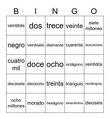 Números, Colores, Formas Bingo Card