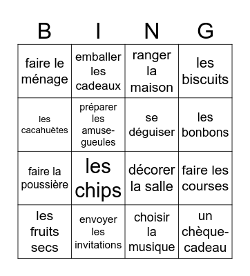 French 2A on organise une fête Bingo Card