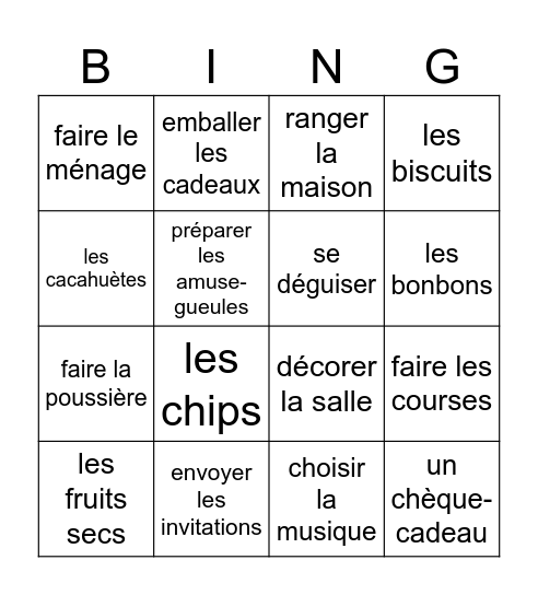 French 2A on organise une fête Bingo Card