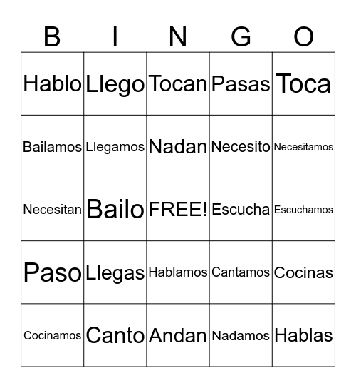 -AR Verbs Bingo Card