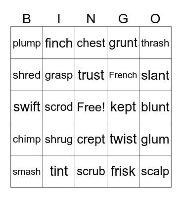 Closed Syllable Words with Blends and Digraphs Bingo Card