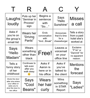 Tracy Bingo Card