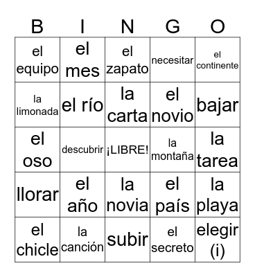 Other Nouns & Verbs BSB 1 Leccíon 4 Bingo Card