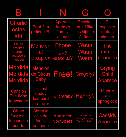 Fnaf peli bingo Card