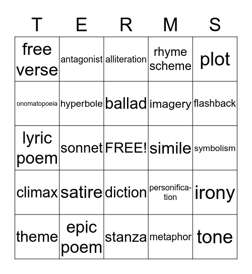 Literary / Poetry Terms Bingo Card