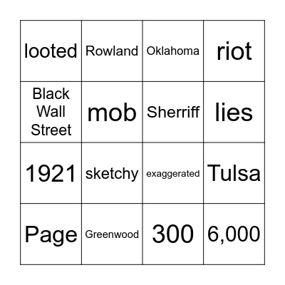 Tulsa Race massacre Bingo Card