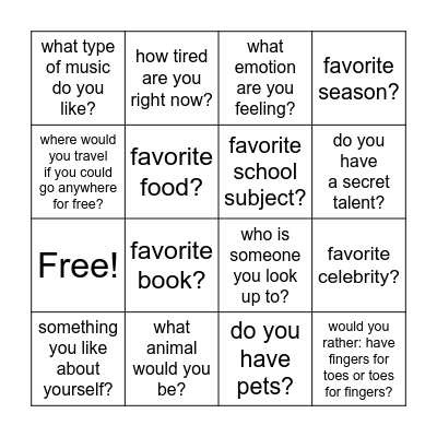 Get to know me Bingo Card