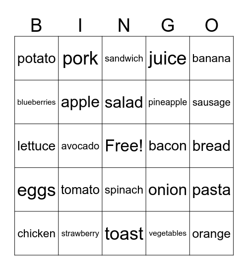 Food Bingo Card