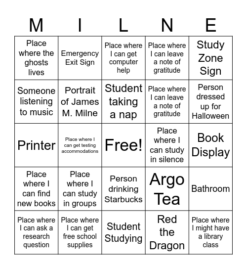 Milne Library Tour Bingo! Bingo Card