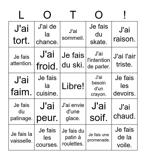 F2 Leçon 4: les expressions avec avoir et faire Bingo Card