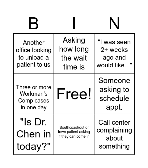 Urgent Care Bingo!! Bingo Card