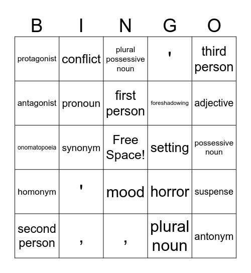 Grammar and Story Elements Bingo Card