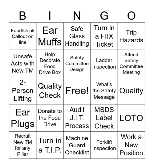 Hazard Prevention & Control Pillar Bingo Card