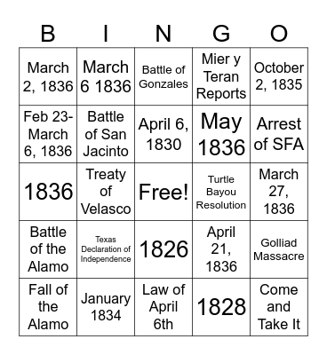 Texas Revolution Bingo Card