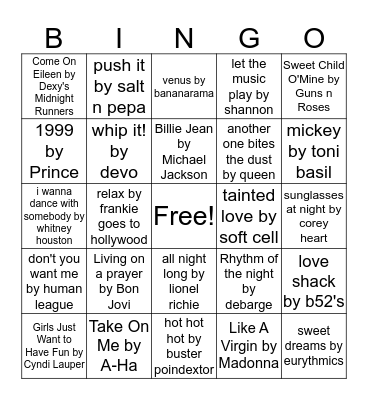 JukeBox Trivia 80's Bingo Card