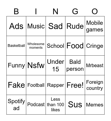 YouTube bingo Card