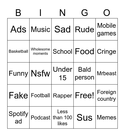 YouTube bingo Card