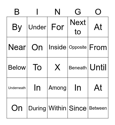 Prepositions of Time and Place Bingo Card