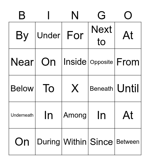 Prepositions of Time and Place Bingo Card