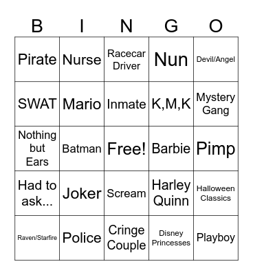 Unoriginal Costume Bingo Card