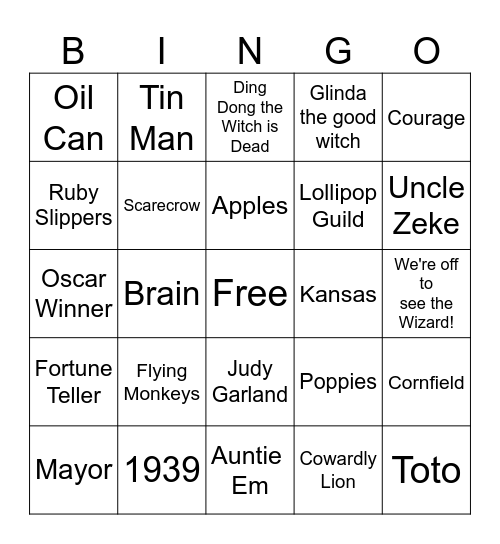 Wizard of Oz Bingo Card